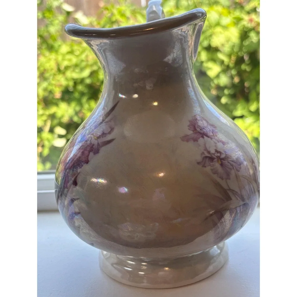 Vintage Arnels Ceramic Pitcher, Iris Floral Painting, Signed Collectible